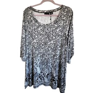 Jones‎ New York 1X Shirt Top Black White Paisley Long Tunic Blouse Stretch NWT